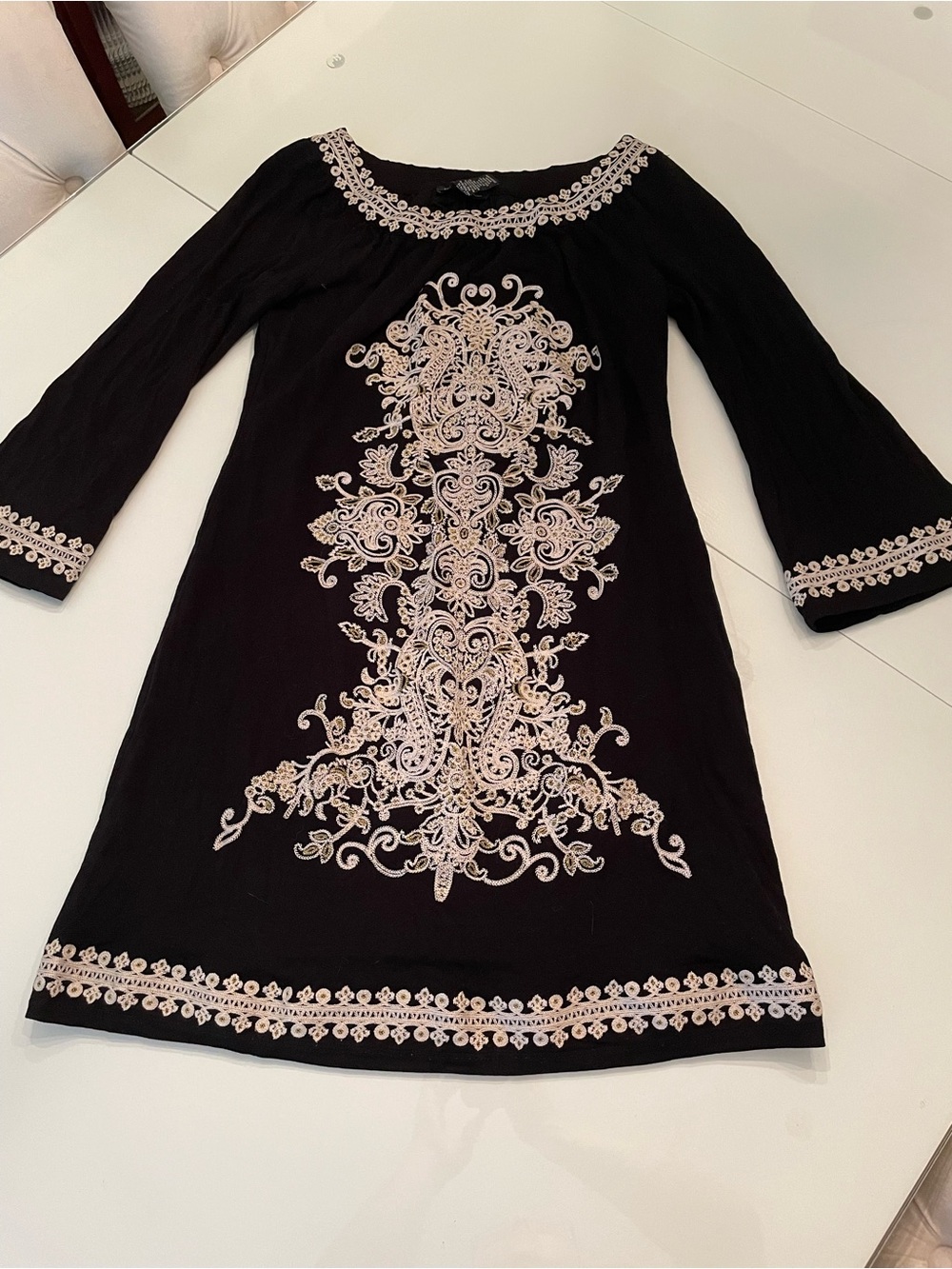 INC International Concepts Black Long Sleeve Dress with Cream Embroidery